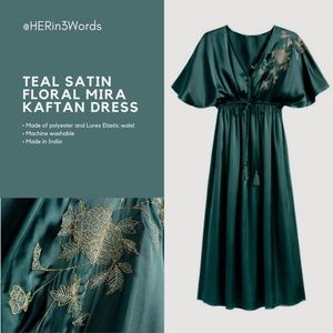 Teal Satin Floral Mira Kaftan Dress